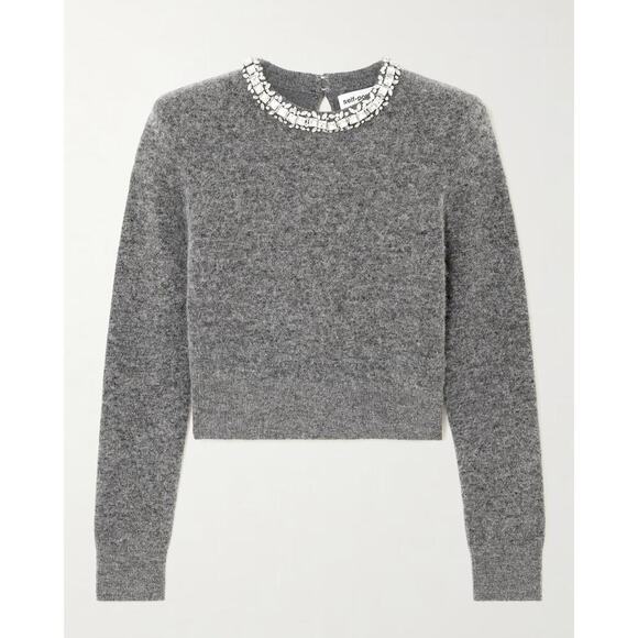 SELF-PORTRAIT Cropped crystal-embellished knitted sweater Gray Size Large - Picture 1 of 11